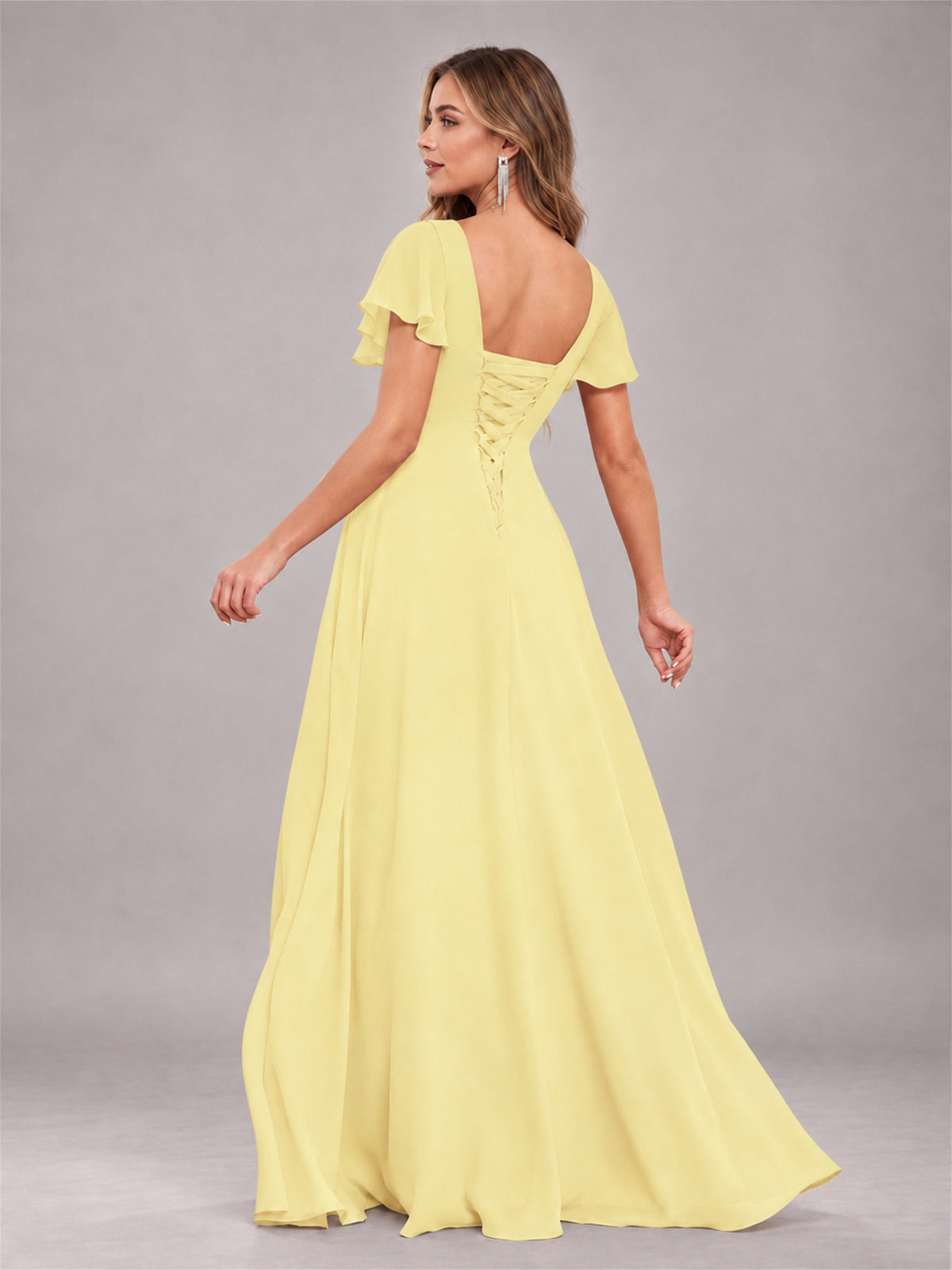 Daffodil Stylish Ruffles A-Line V-Neck Slit Chiffon Bridesmaid Dress