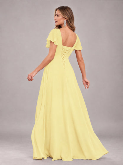 Daffodil Stylish Ruffles A-Line V-Neck Slit Chiffon Bridesmaid Dress
