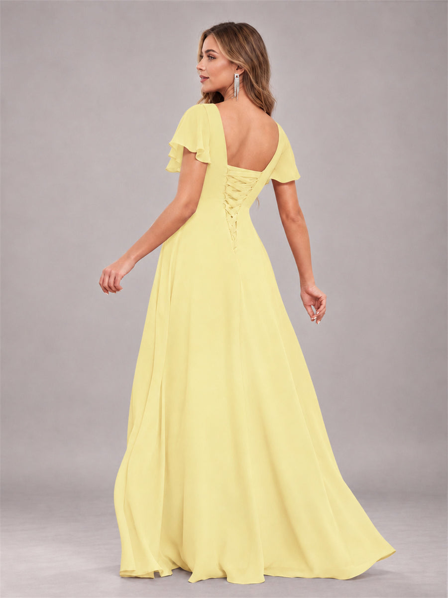 Daffodil Stylish Ruffles A-Line V-Neck Slit Chiffon Bridesmaid Dress