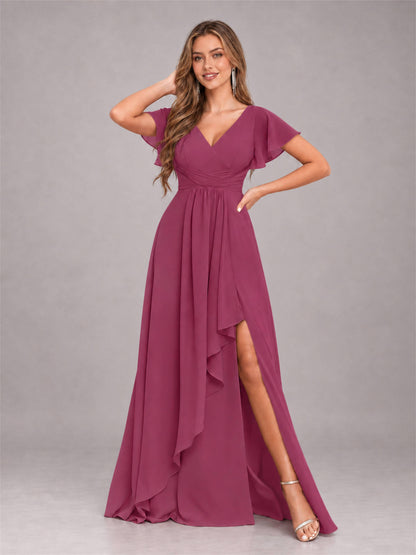 Desert Rose Stylish Ruffles A-Line V-Neck Slit Chiffon Bridesmaid Dress