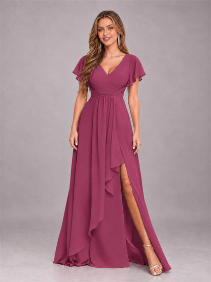 Desert Rose Stylish Ruffles A-Line V-Neck Slit Chiffon Bridesmaid Dress