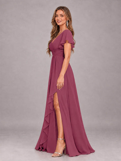 Desert Rose Stylish Ruffles A-Line V-Neck Slit Chiffon Bridesmaid Dress