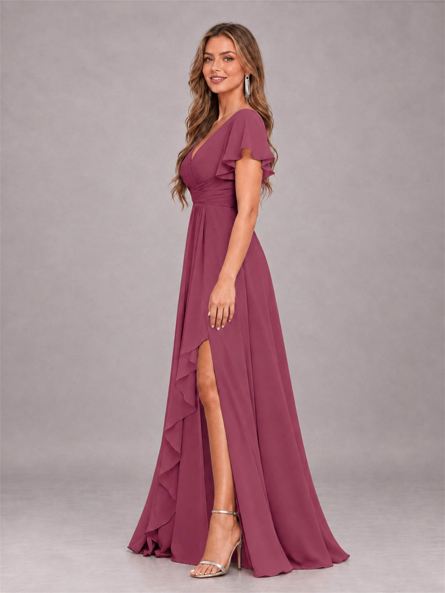 Desert Rose Stylish Ruffles A-Line V-Neck Slit Chiffon Bridesmaid Dress