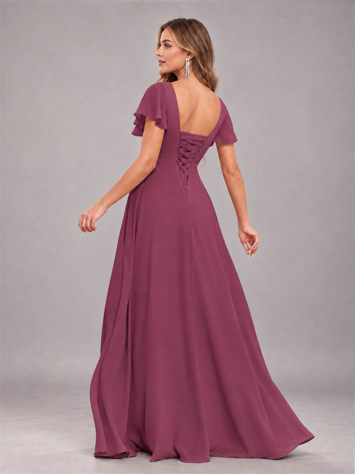 Desert Rose Stylish Ruffles A-Line V-Neck Slit Chiffon Bridesmaid Dress