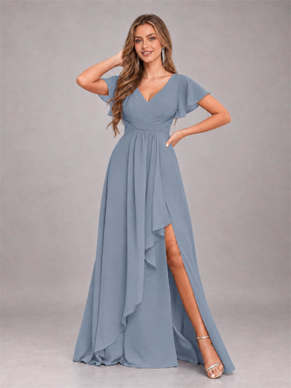 Dusty Blue Stylish Ruffles A-Line V-Neck Slit Chiffon Bridesmaid Dress