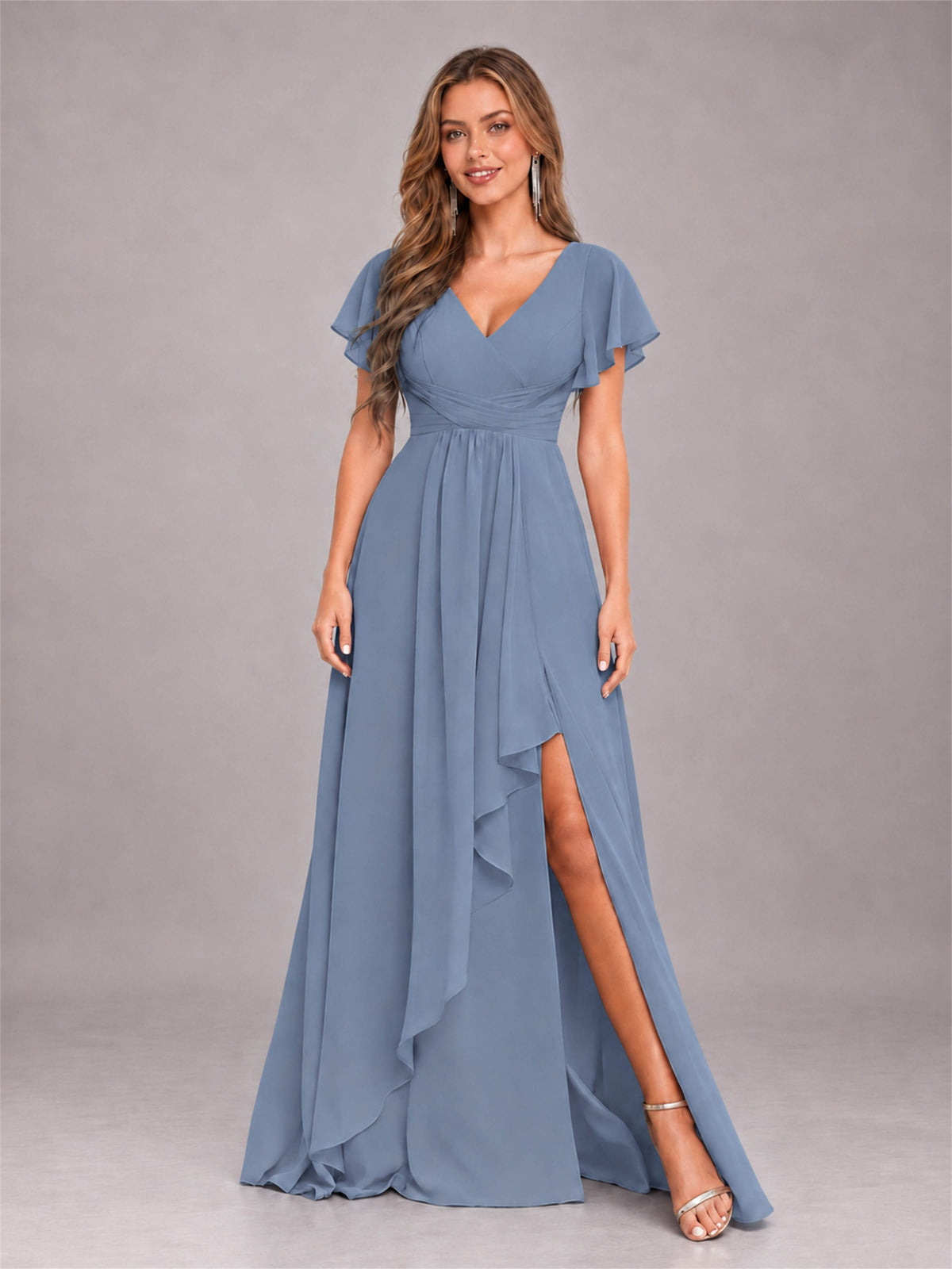 Dusty Blue Stylish Ruffles A-Line V-Neck Slit Chiffon Bridesmaid Dress