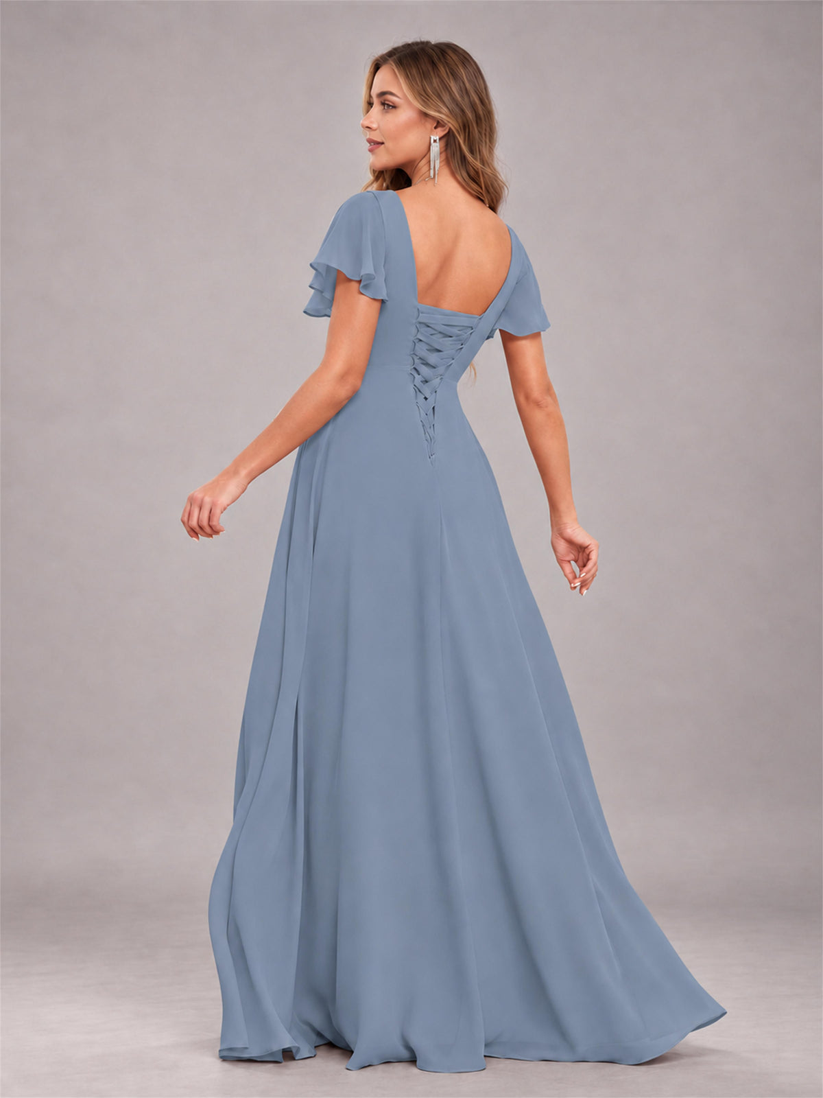 Dusty Blue Stylish Ruffles A-Line V-Neck Slit Chiffon Bridesmaid Dress