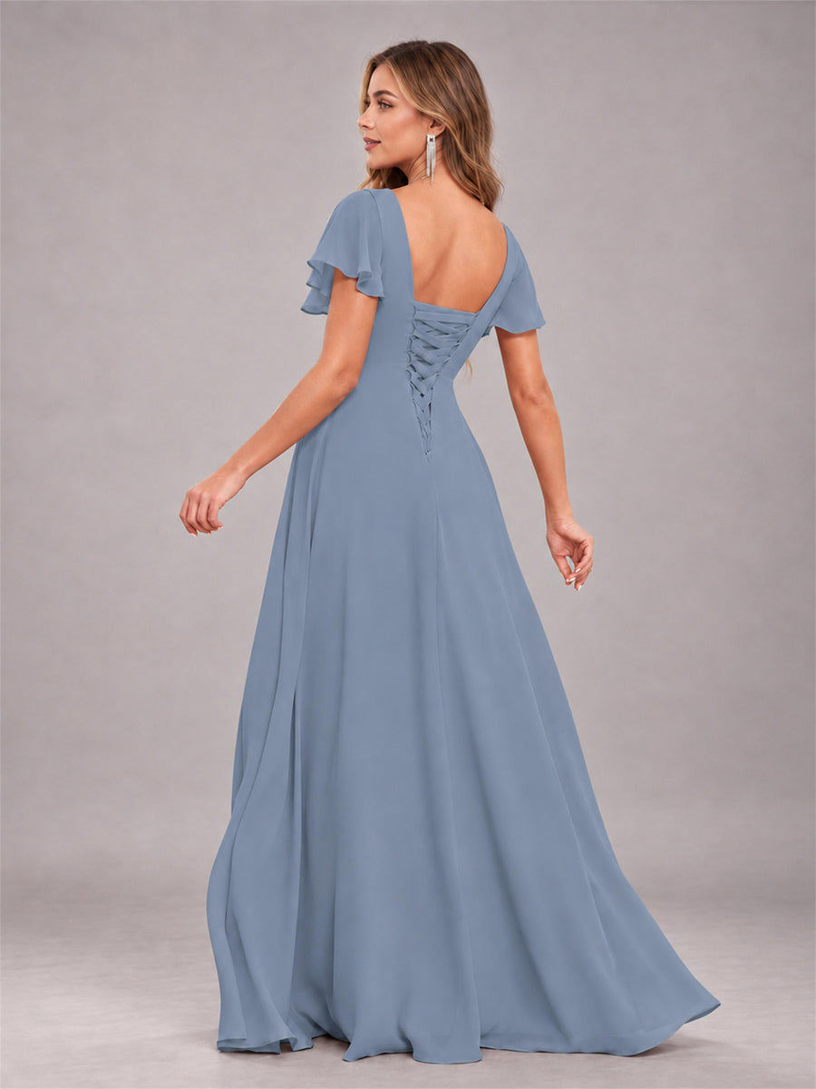 Dusty Blue Stylish Ruffles A-Line V-Neck Slit Chiffon Bridesmaid Dress