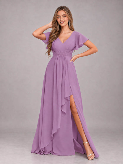 Dusty Purple Stylish Ruffles A-Line V-Neck Slit Chiffon Bridesmaid Dress