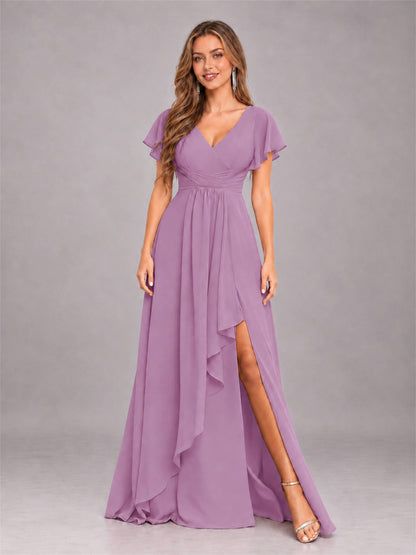 Dusty Purple Stylish Ruffles A-Line V-Neck Slit Chiffon Bridesmaid Dress