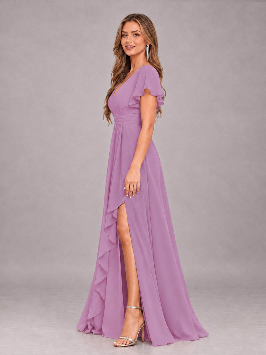 Dusty Purple Stylish Ruffles A-Line V-Neck Slit Chiffon Bridesmaid Dress