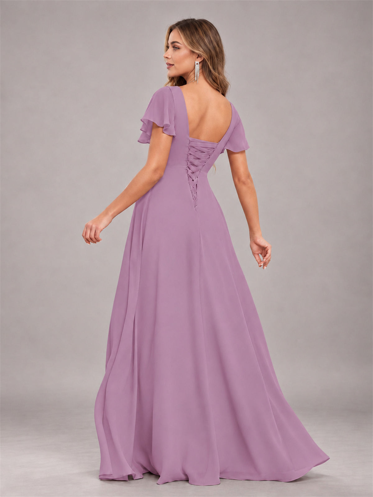 Dusty Purple Stylish Ruffles A-Line V-Neck Slit Chiffon Bridesmaid Dress
