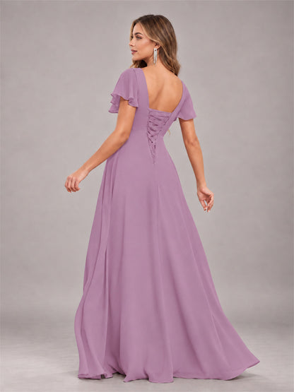 Dusty Purple Stylish Ruffles A-Line V-Neck Slit Chiffon Bridesmaid Dress