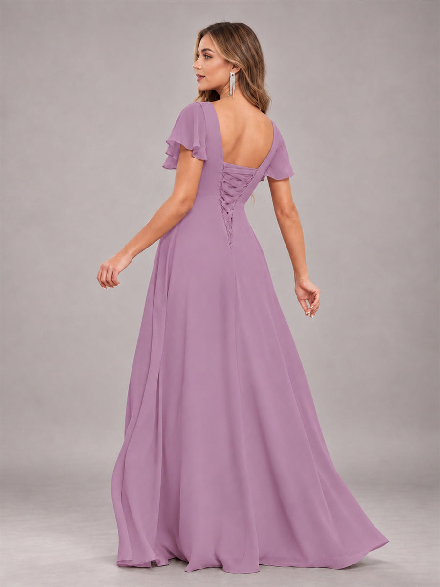 Dusty Purple Stylish Ruffles A-Line V-Neck Slit Chiffon Bridesmaid Dress