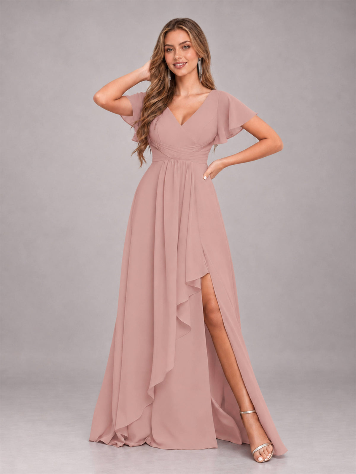 Dusty Rose Stylish Ruffles A-Line V-Neck Slit Chiffon Bridesmaid Dress