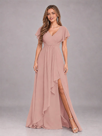 Dusty Rose Stylish Ruffles A-Line V-Neck Slit Chiffon Bridesmaid Dress