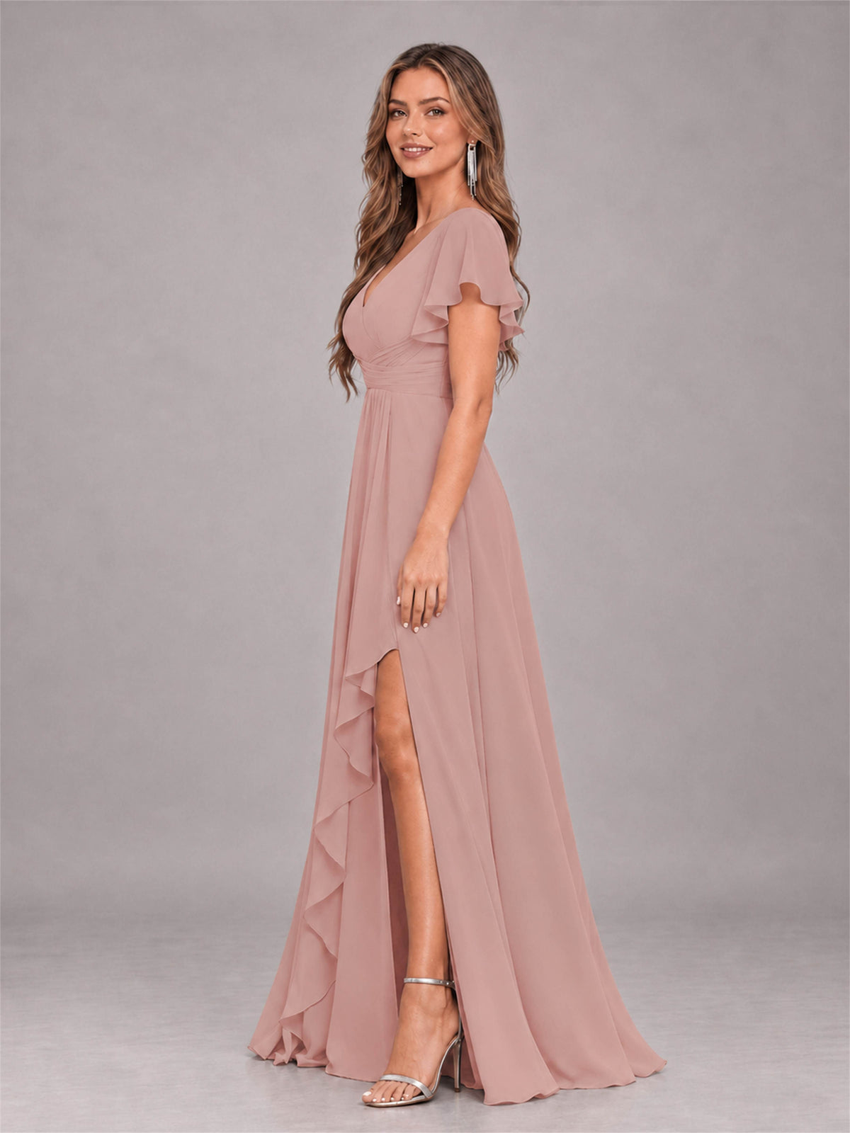 Dusty Rose Stylish Ruffles A-Line V-Neck Slit Chiffon Bridesmaid Dress