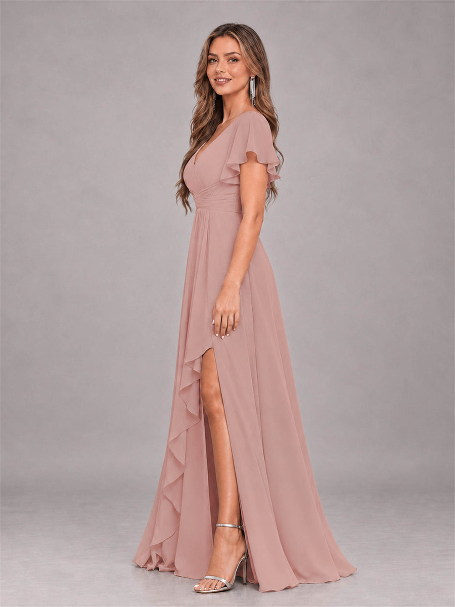 Dusty Rose Stylish Ruffles A-Line V-Neck Slit Chiffon Bridesmaid Dress