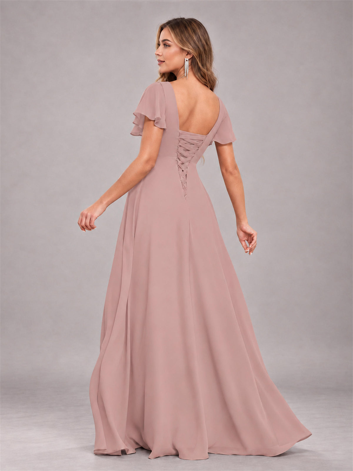 Dusty Rose Stylish Ruffles A-Line V-Neck Slit Chiffon Bridesmaid Dress