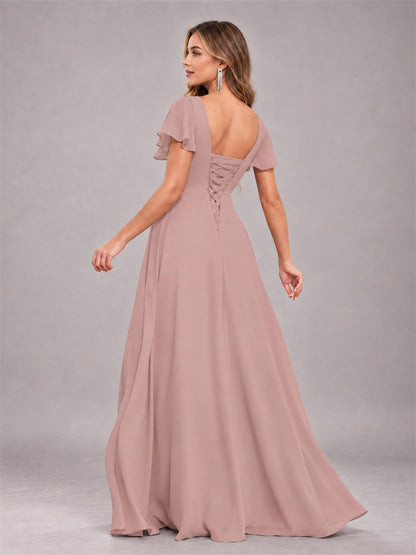 Dusty Rose Stylish Ruffles A-Line V-Neck Slit Chiffon Bridesmaid Dress