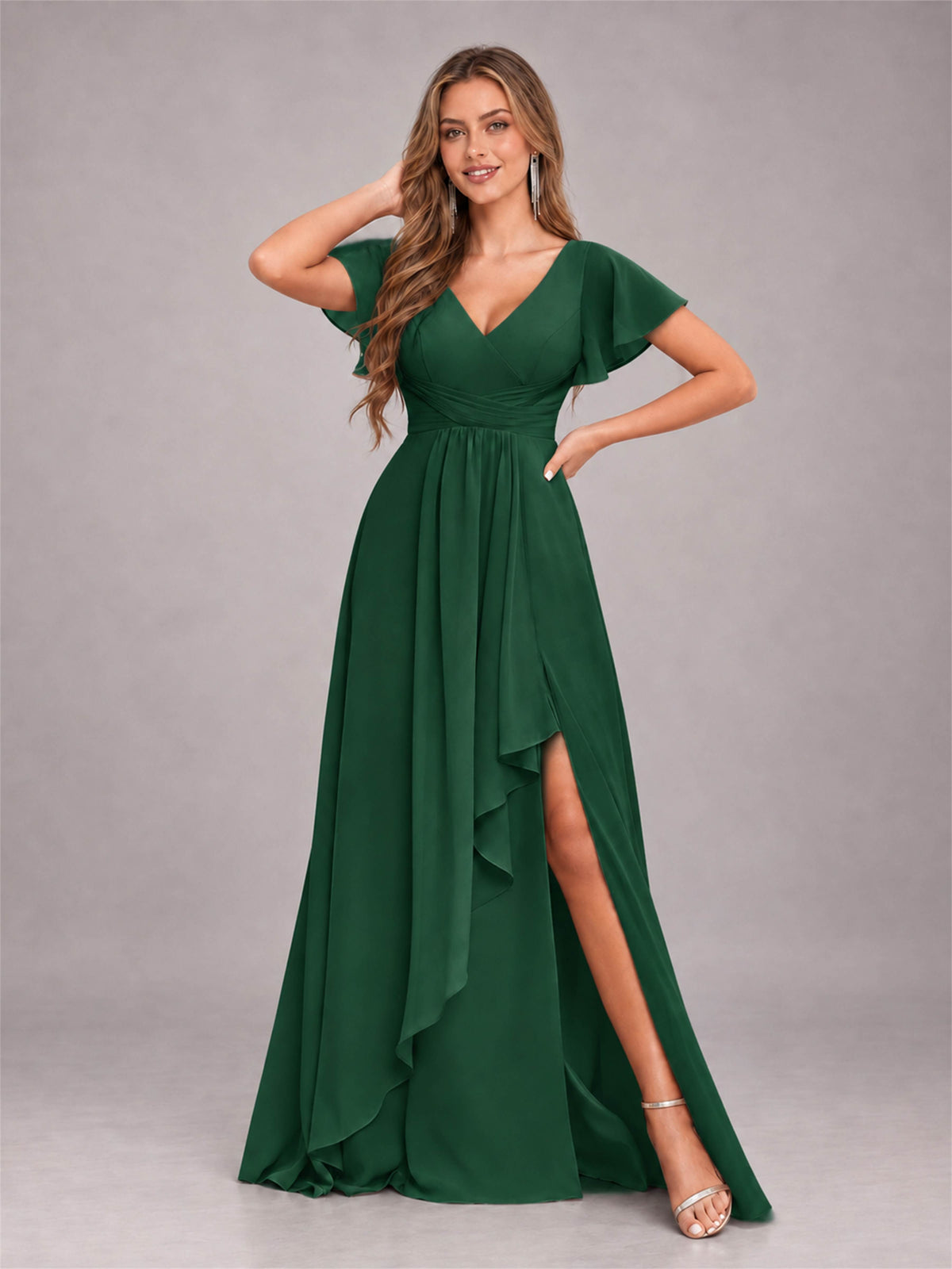 Emerald Green Stylish Ruffles A-Line V-Neck Slit Chiffon Bridesmaid Dress