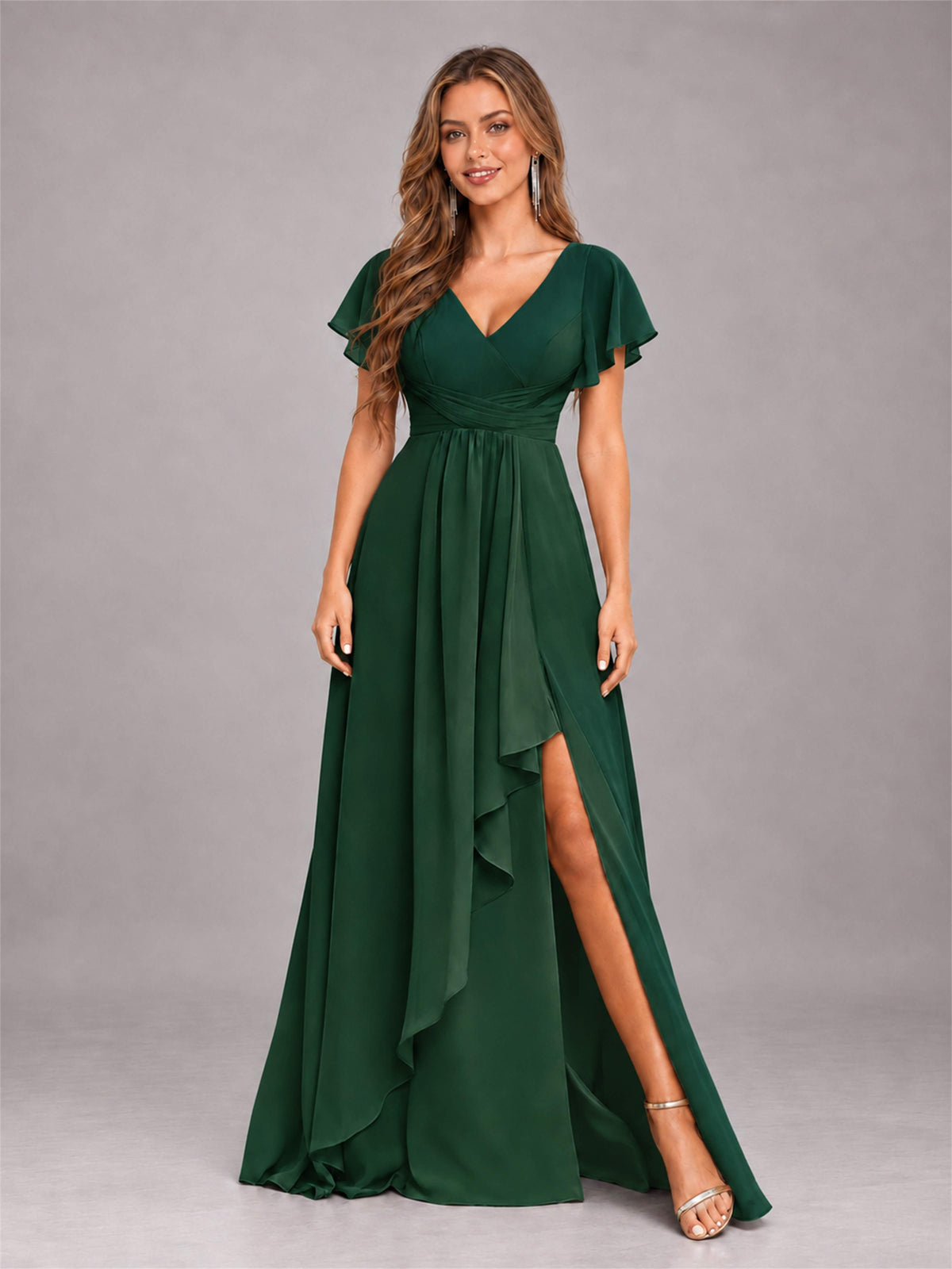 Emerald Green Stylish Ruffles A-Line V-Neck Slit Chiffon Bridesmaid Dress