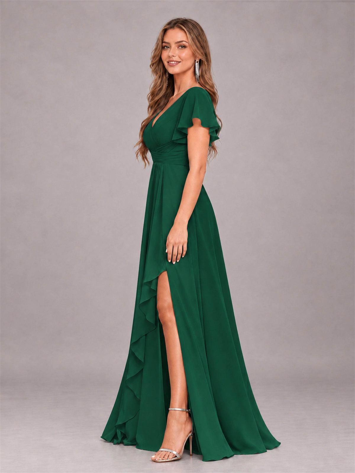 Emerald Green Stylish Ruffles A-Line V-Neck Slit Chiffon Bridesmaid Dress