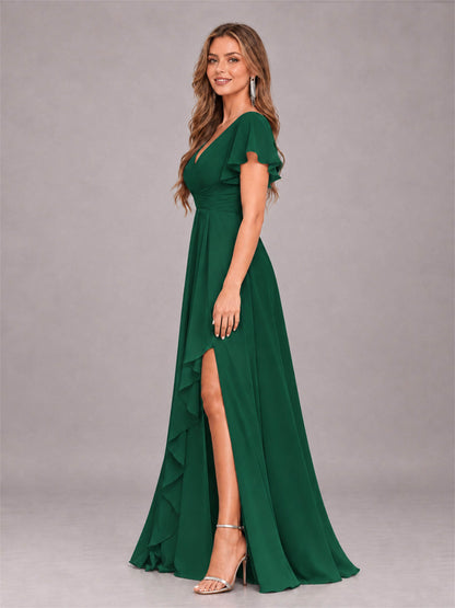Emerald Green Stylish Ruffles A-Line V-Neck Slit Chiffon Bridesmaid Dress