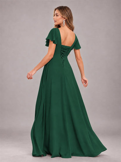 Emerald Green Stylish Ruffles A-Line V-Neck Slit Chiffon Bridesmaid Dress