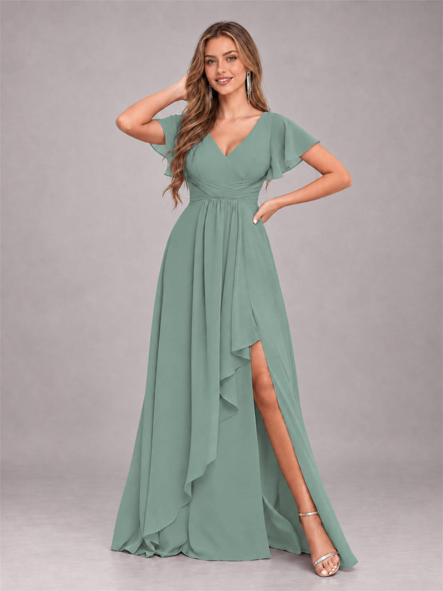 Eucalyptus Stylish Ruffles A-Line V-Neck Slit Chiffon Bridesmaid Dress