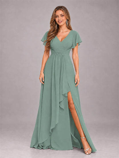 Eucalyptus Stylish Ruffles A-Line V-Neck Slit Chiffon Bridesmaid Dress