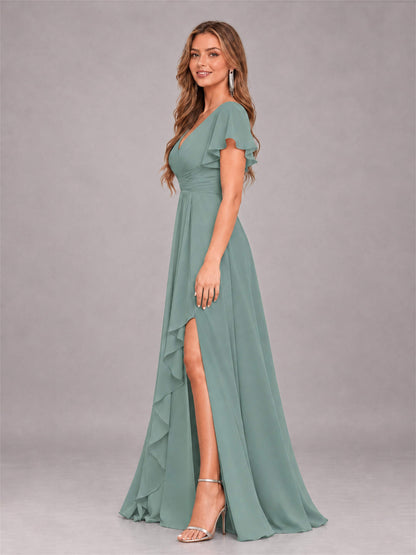 Eucalyptus Stylish Ruffles A-Line V-Neck Slit Chiffon Bridesmaid Dress