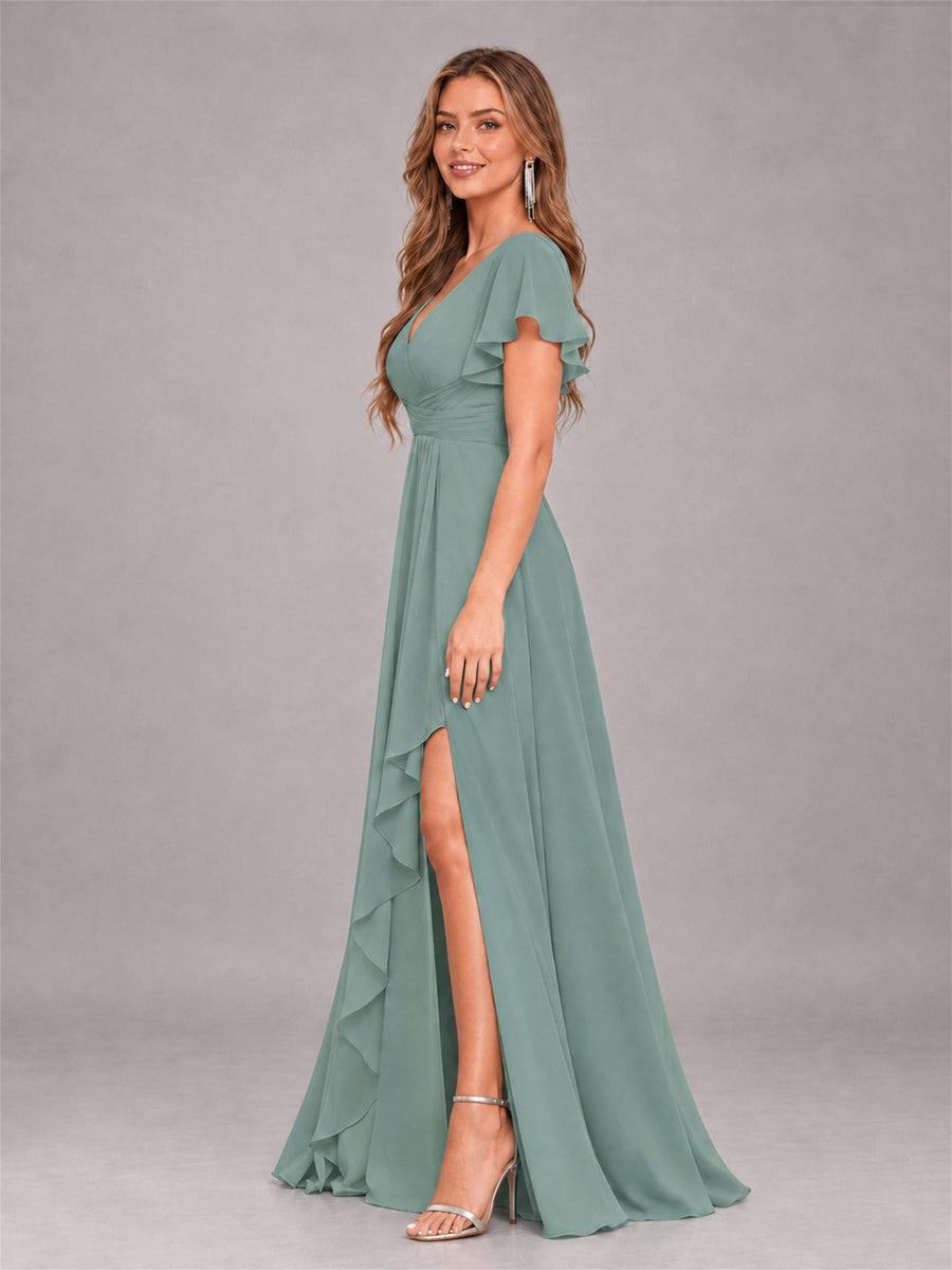 Eucalyptus Stylish Ruffles A-Line V-Neck Slit Chiffon Bridesmaid Dress