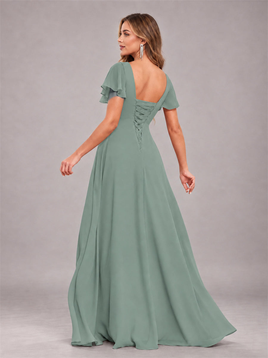 Eucalyptus Stylish Ruffles A-Line V-Neck Slit Chiffon Bridesmaid Dress