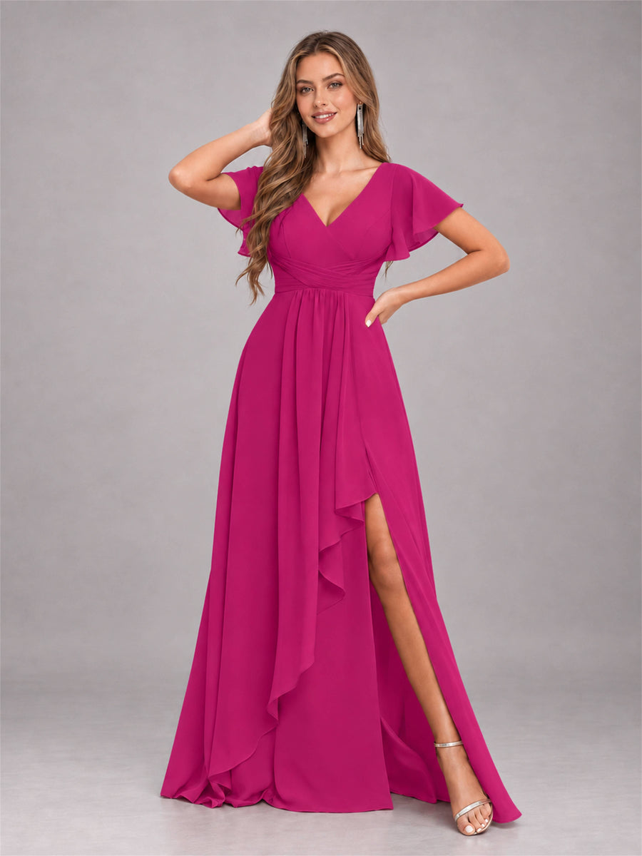 Fuchsia Stylish Ruffles A-Line V-Neck Slit Chiffon Bridesmaid Dress