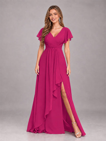 Fuchsia Stylish Ruffles A-Line V-Neck Slit Chiffon Bridesmaid Dress