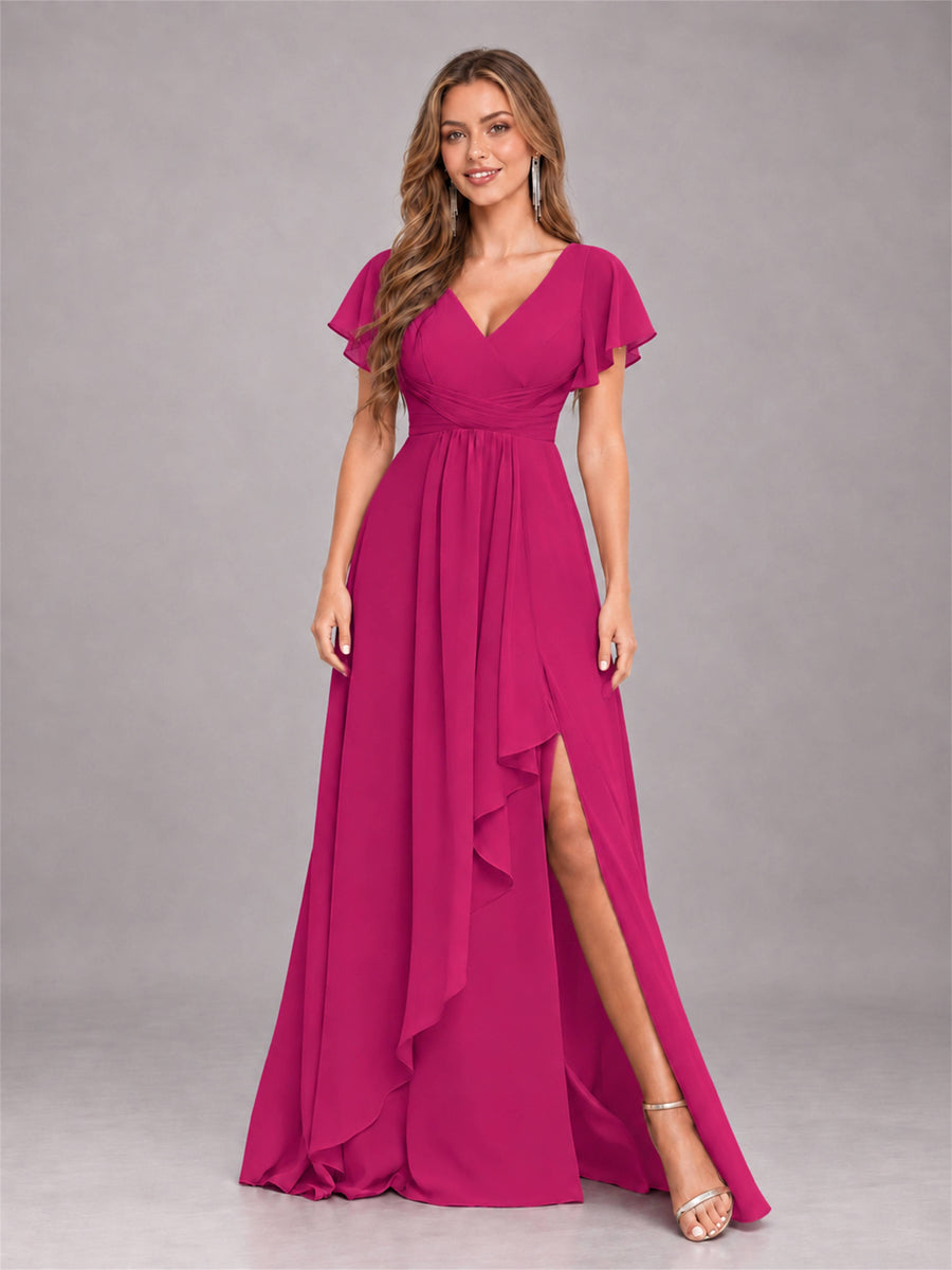 Fuchsia Stylish Ruffles A-Line V-Neck Slit Chiffon Bridesmaid Dress