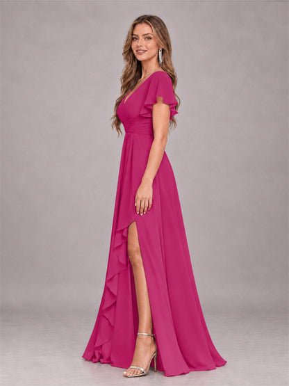 Fuchsia Stylish Ruffles A-Line V-Neck Slit Chiffon Bridesmaid Dress