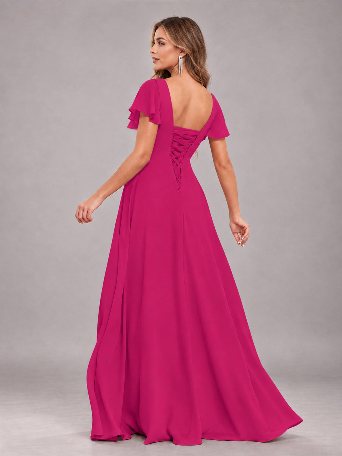 Fuchsia Stylish Ruffles A-Line V-Neck Slit Chiffon Bridesmaid Dress