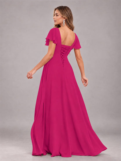 Fuchsia Stylish Ruffles A-Line V-Neck Slit Chiffon Bridesmaid Dress