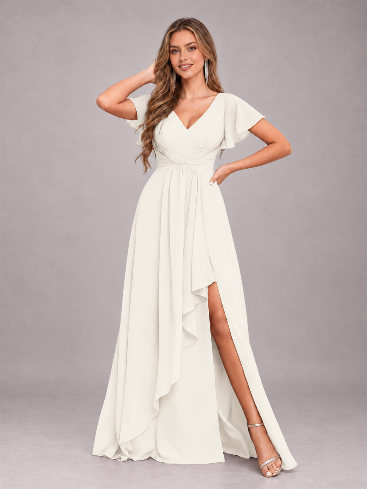 Ivory Stylish Ruffles A-Line V-Neck Slit Chiffon Bridesmaid Dress