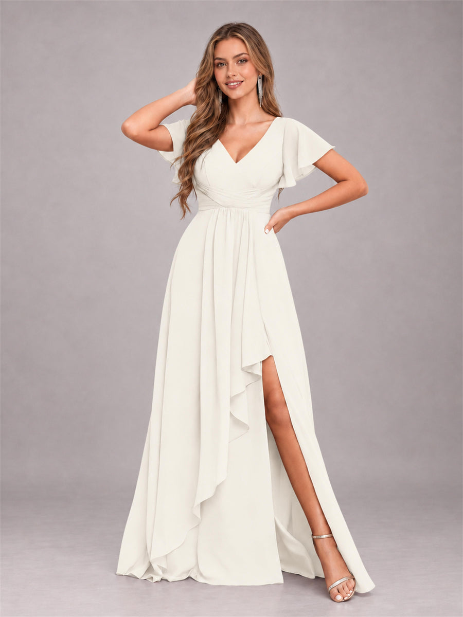 Ivory Stylish Ruffles A-Line V-Neck Slit Chiffon Bridesmaid Dress