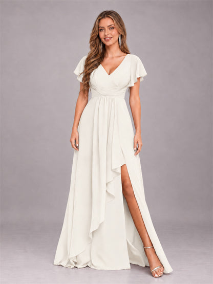 Ivory Stylish Ruffles A-Line V-Neck Slit Chiffon Bridesmaid Dress