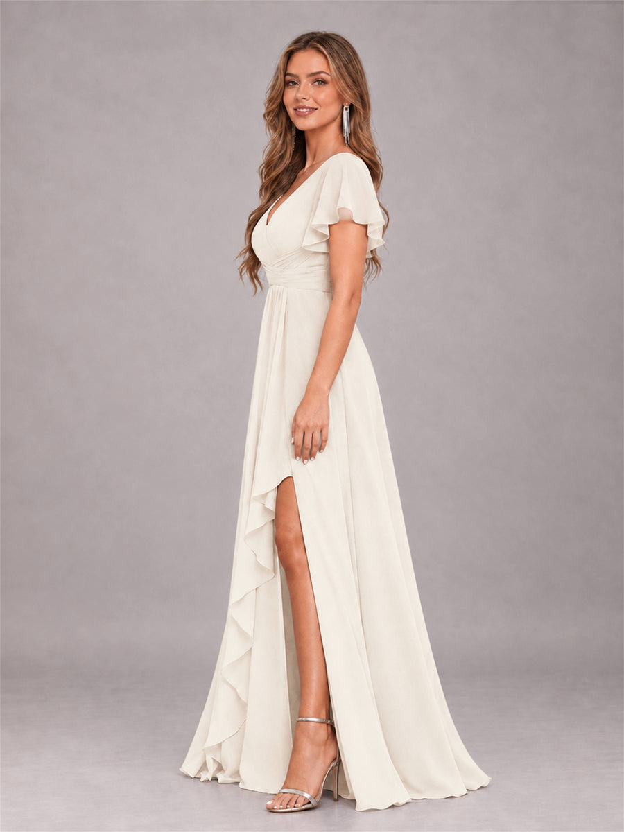 Ivory Stylish Ruffles A-Line V-Neck Slit Chiffon Bridesmaid Dress
