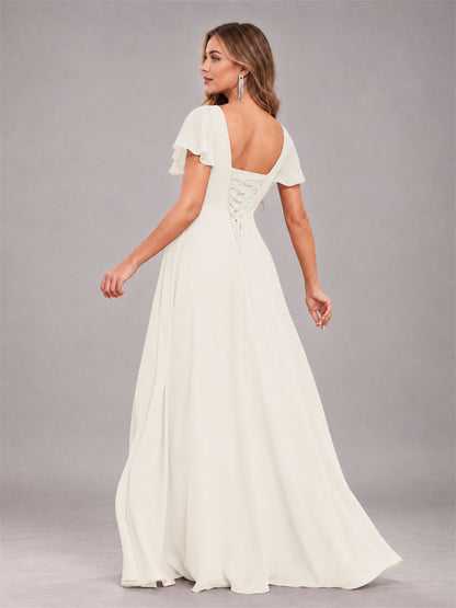 Ivory Stylish Ruffles A-Line V-Neck Slit Chiffon Bridesmaid Dress