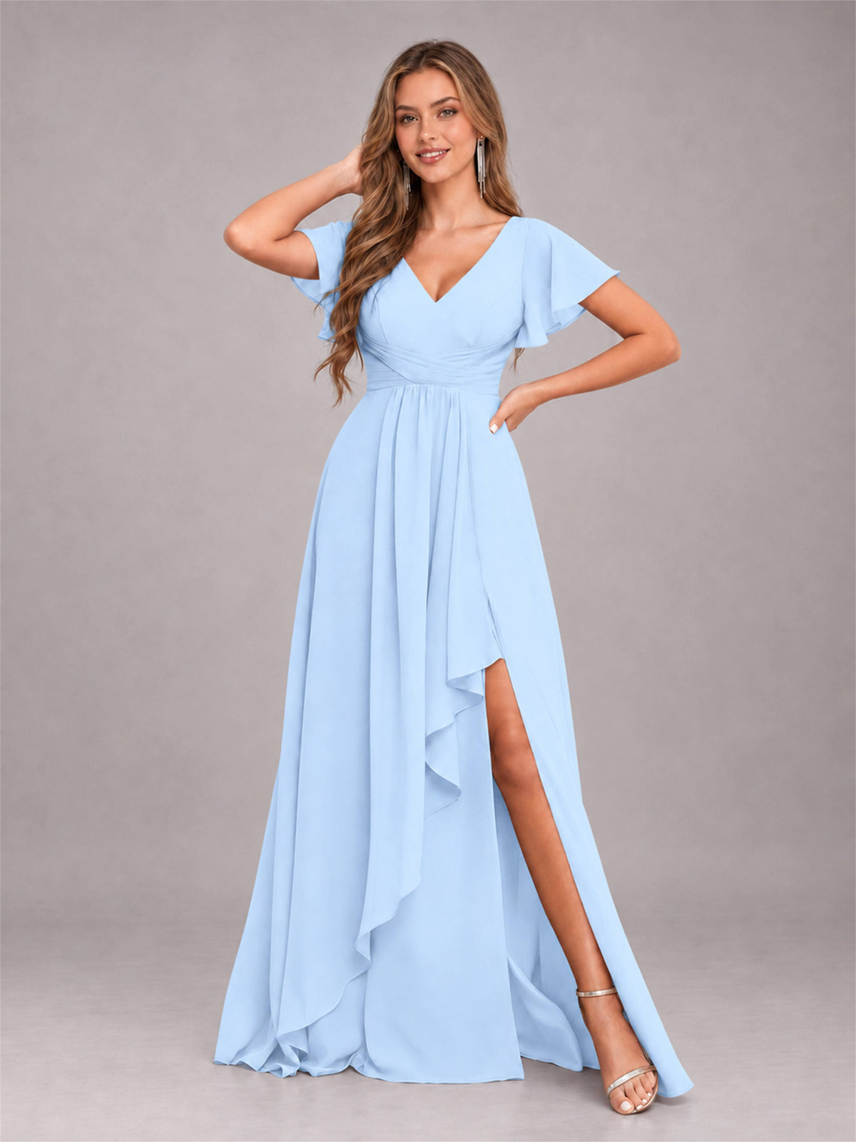 Light Blue Stylish Ruffles A-Line V-Neck Slit Chiffon Bridesmaid Dress