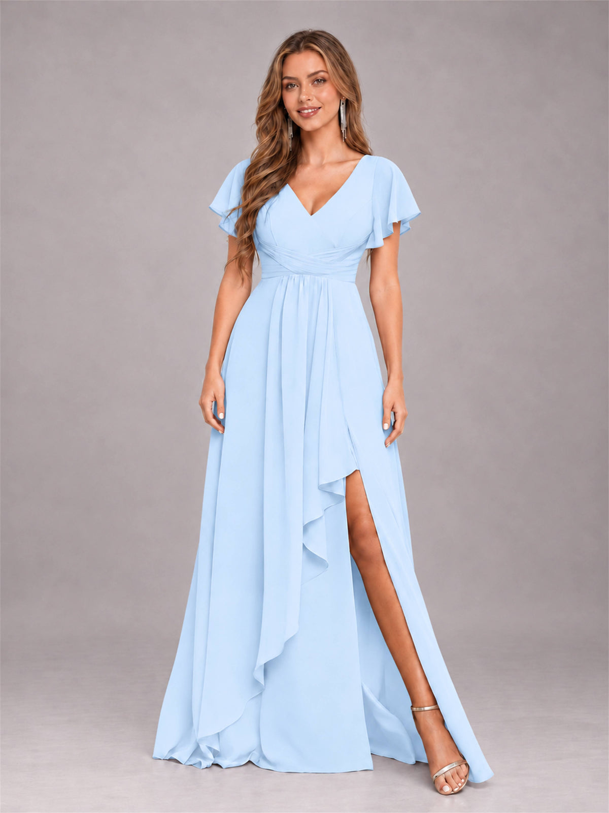 Light Blue Stylish Ruffles A-Line V-Neck Slit Chiffon Bridesmaid Dress