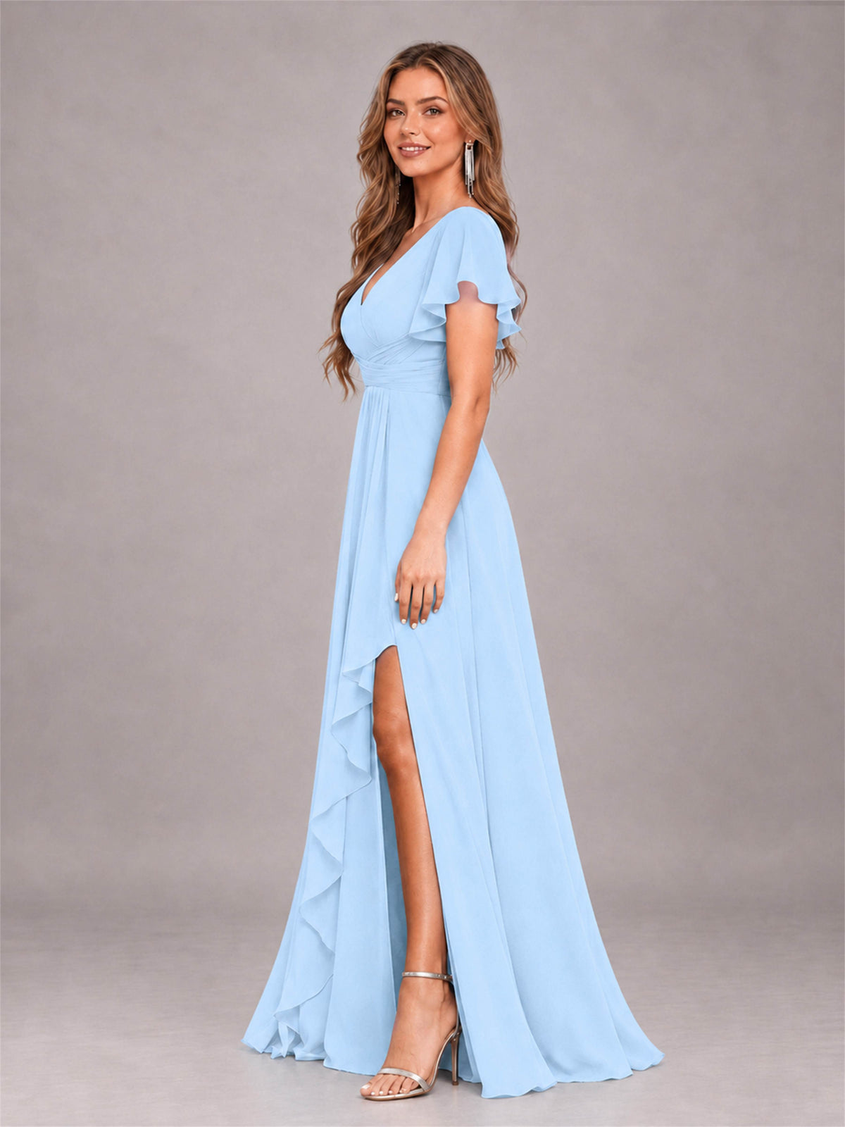 Light Blue Stylish Ruffles A-Line V-Neck Slit Chiffon Bridesmaid Dress