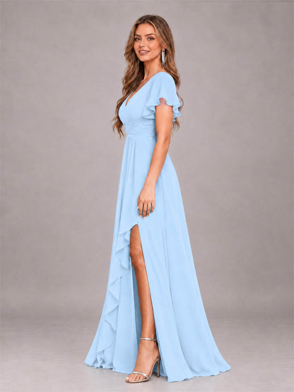 Light Blue Stylish Ruffles A-Line V-Neck Slit Chiffon Bridesmaid Dress