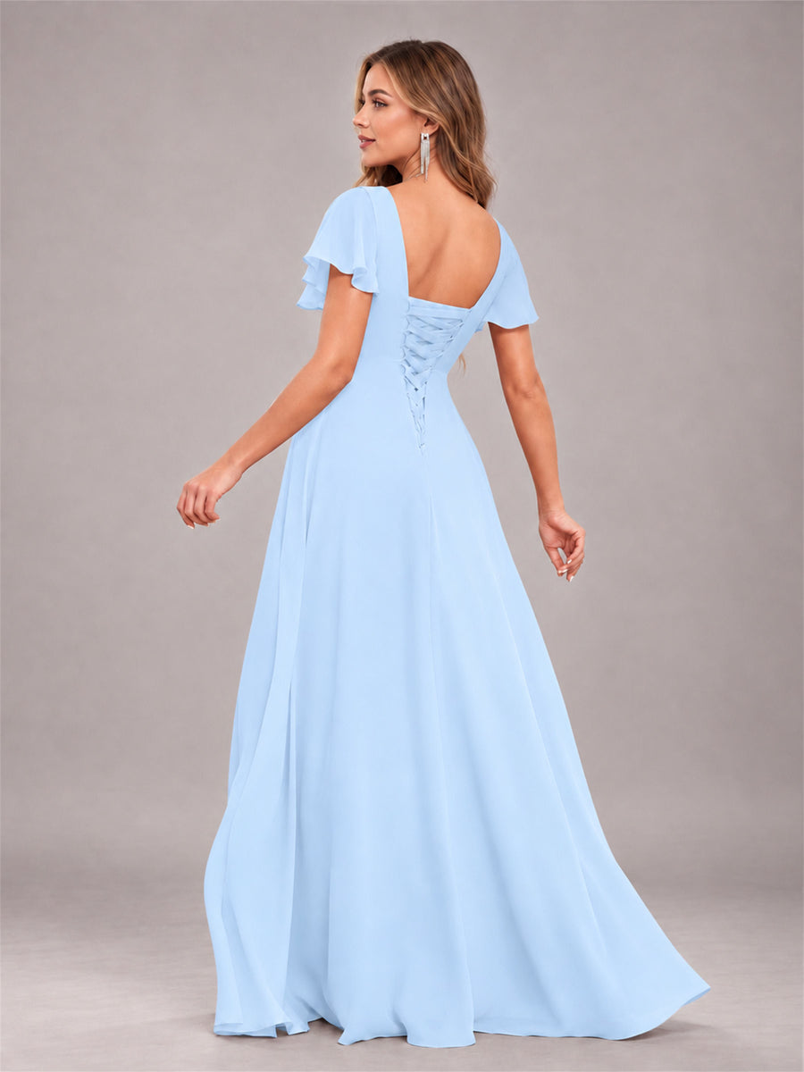 Light Blue Stylish Ruffles A-Line V-Neck Slit Chiffon Bridesmaid Dress